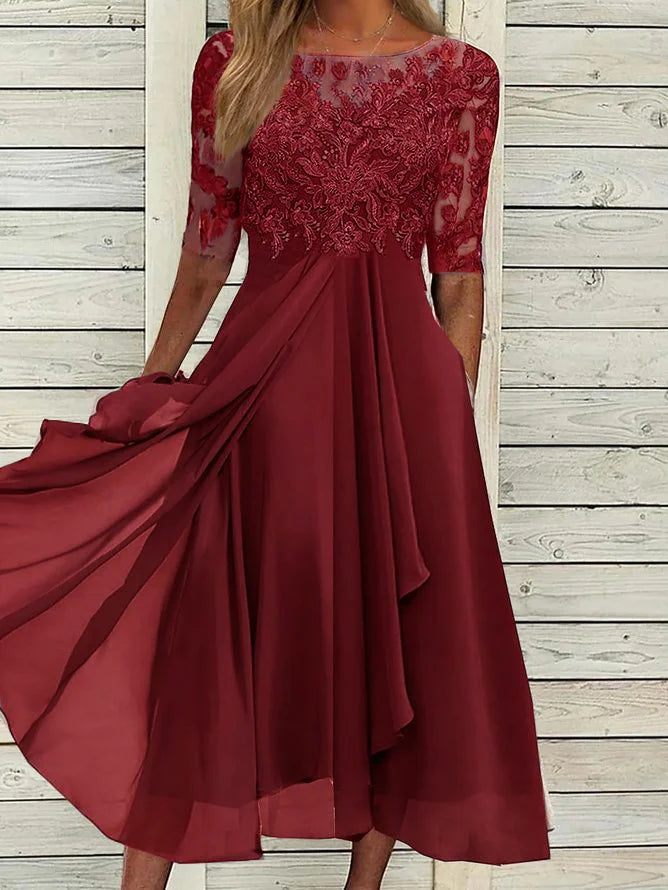 Indira™ - Lace Sleeve Midi Dress