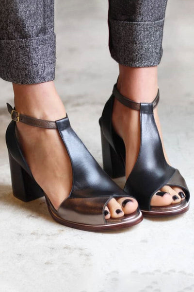 Nadaria | Black Patchwork Peep Toe Sandals with Heels