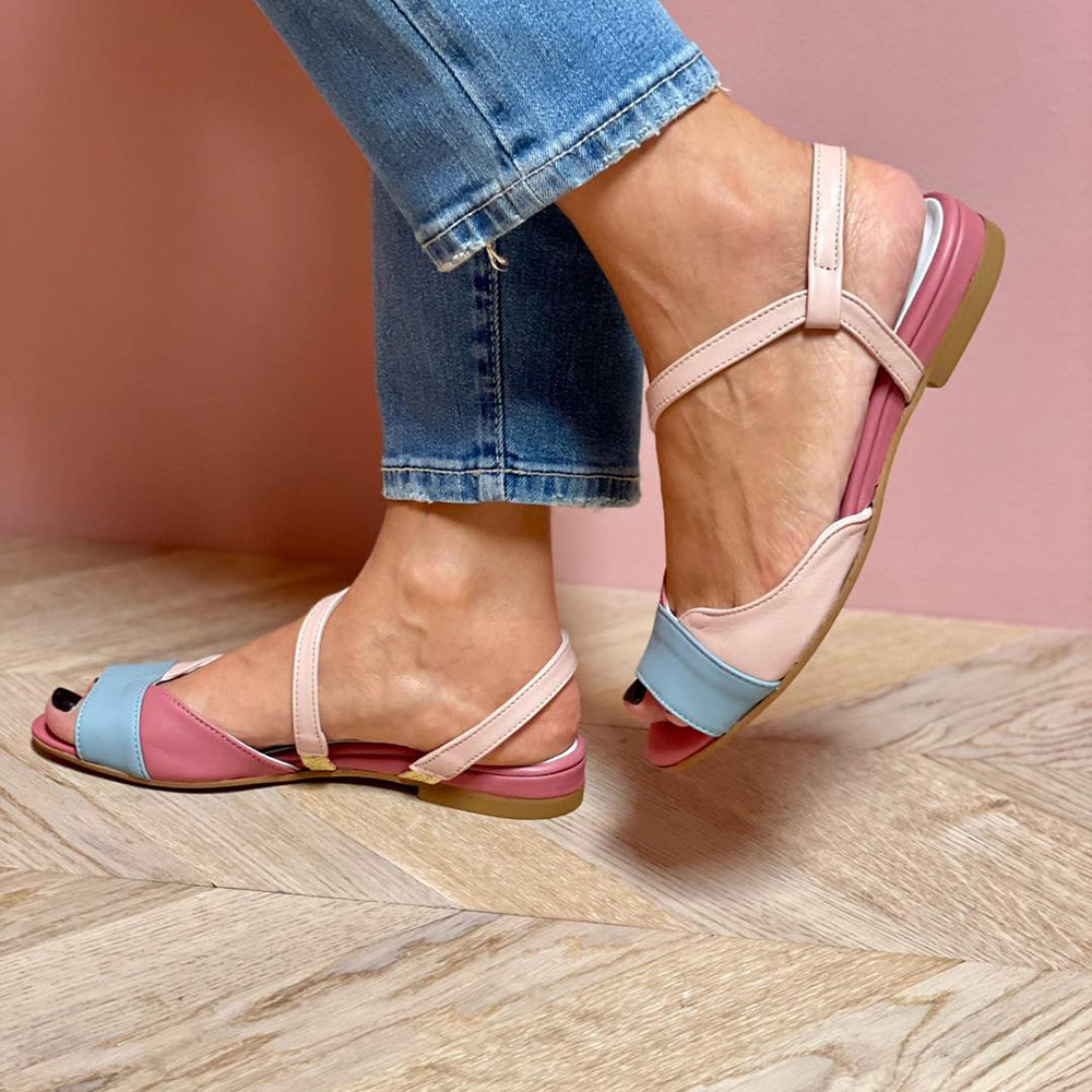 Roselina | Asymmetrical Pink Sandals in Color Block Style