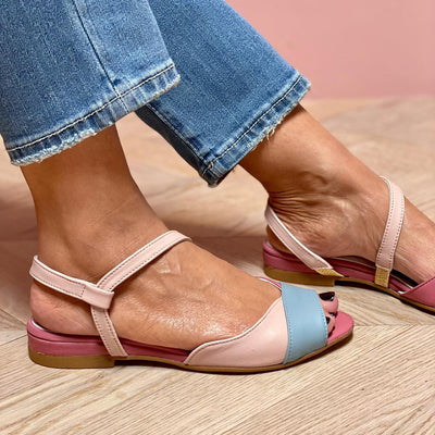 Roselina | Asymmetrical Pink Sandals in Color Block Style